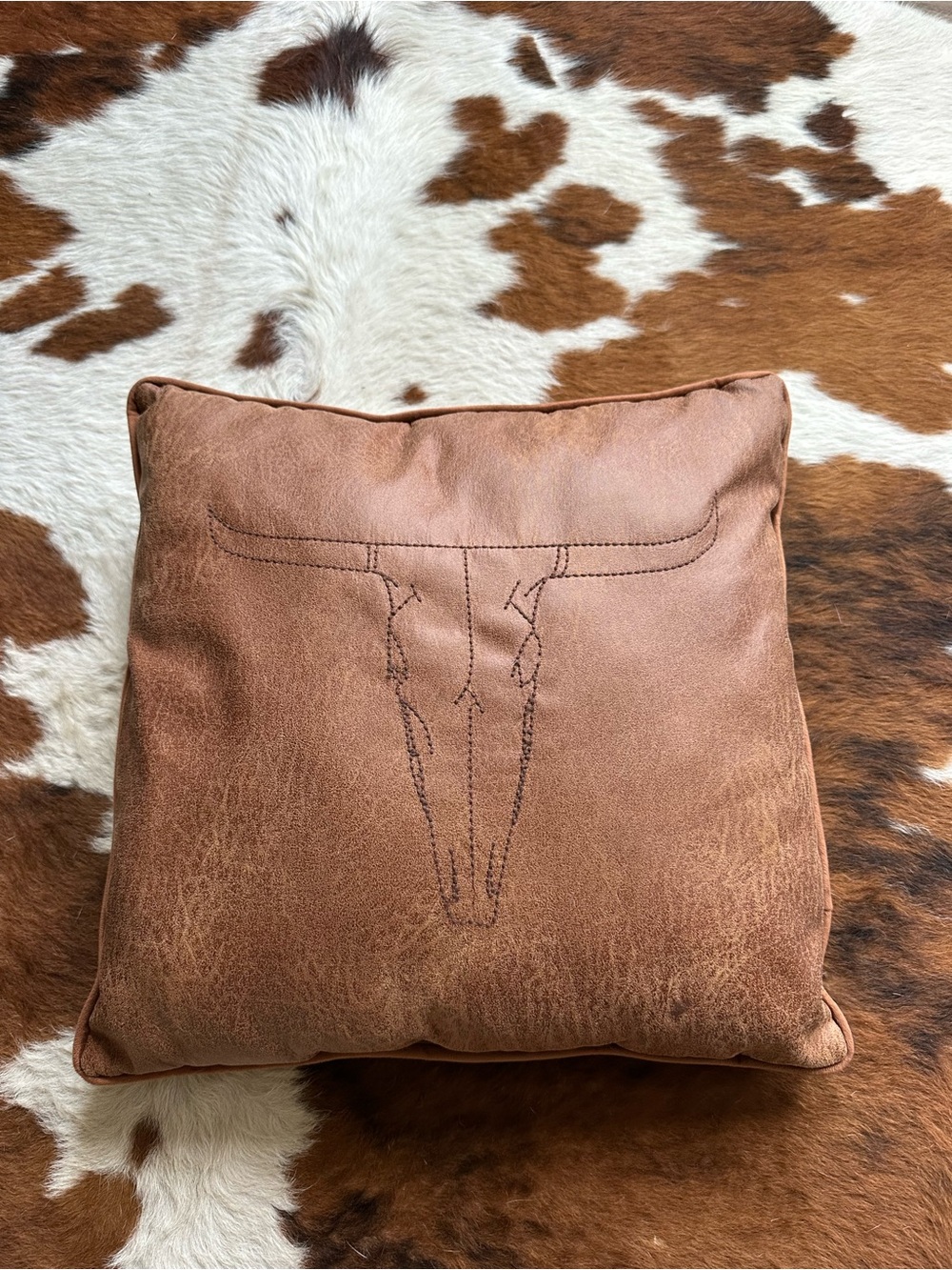Brown Leather Accent Pillow with stitched Longhorn